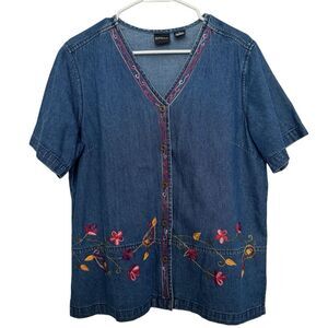 Erika Collection Womens Medium Denim CottonShirt Short Sleeve Floral Embellished